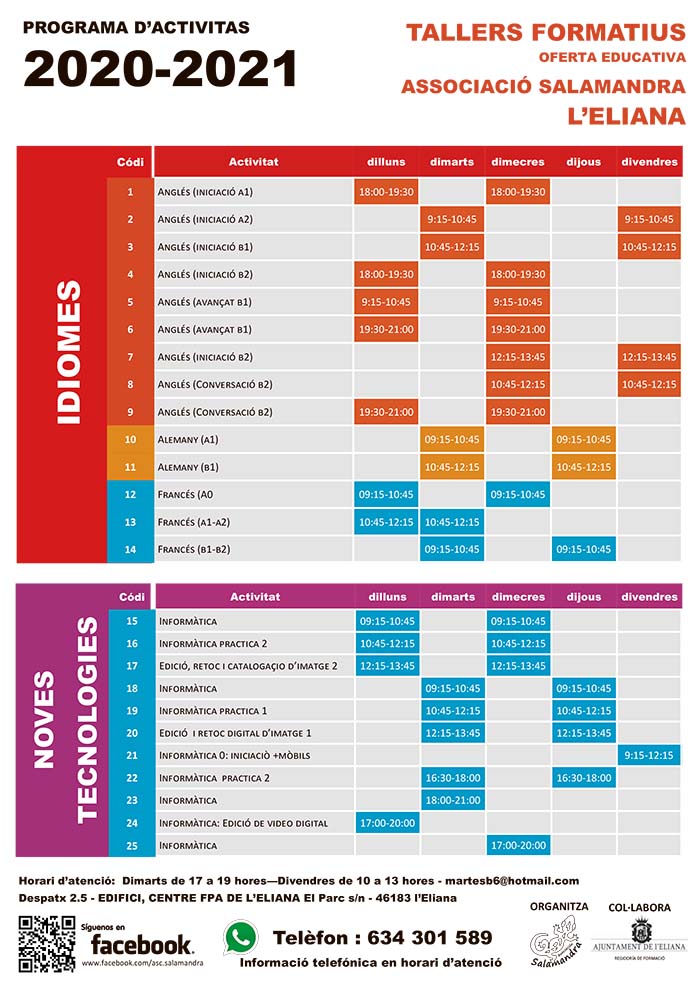 Horario de los talleres formativos asociación salamandra l'Eliana