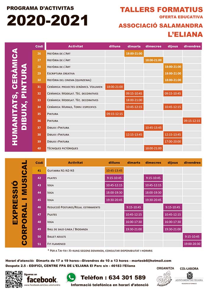 Horario de los talleres formativos asociación salamandra l'Eliana