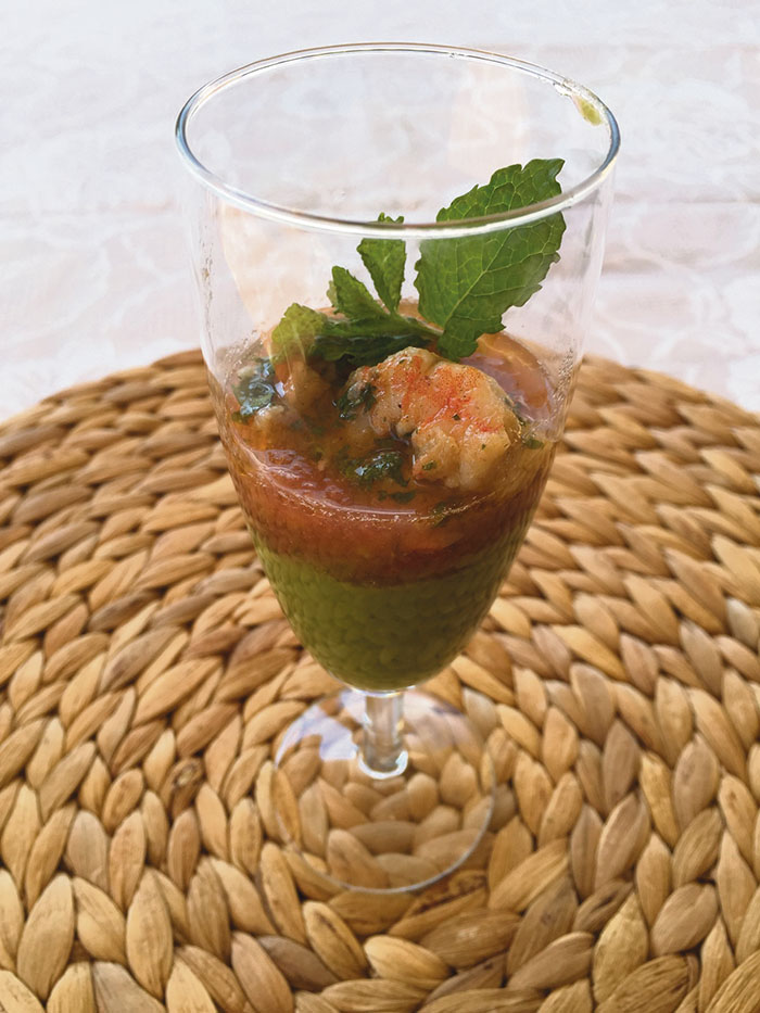 Crema de menta amb pèsols i llagostí adobat